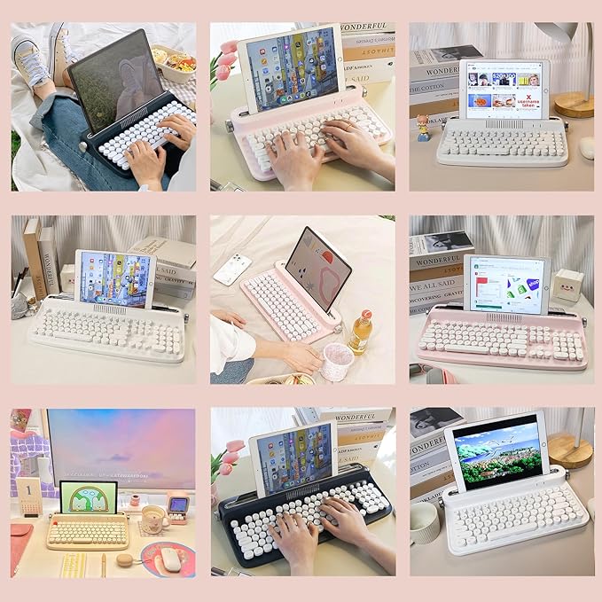 YUNZII ACTTO B303 Wireless Typewriter Keyboard, Bluetooth Connection, Cute Retro Aesthetic Design with Integrated Stand for Tablet, Phone, PC and Win/Mac/Android(B303, Baby Pink)