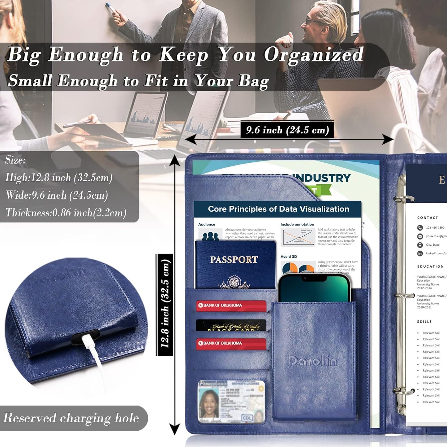 Darolin Business/Resume Portfolio Folder Binder, Padfolio with 3 Ring Binder, Interview/Conference/Legal Document Portfolio Organizer, Leather Portfolio Padfolio for Women/Men-BL