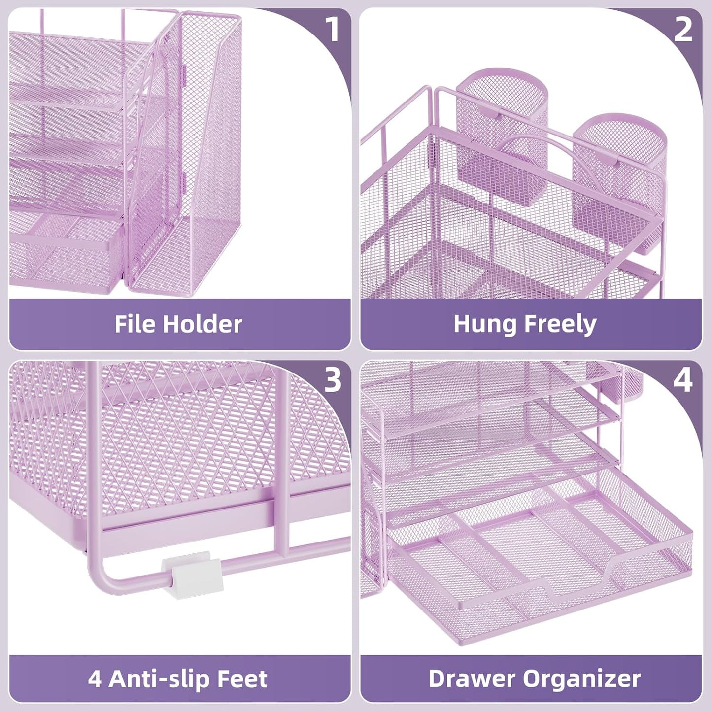 Marbrasse Desk Organizer and Accessories，4-Tier Paper Letter Tray Organizer with File Holder, Workspace Desk Organizers Accessories with Drawer and 2 Pen Holder (Purple, 15.4" x 9.1" x 8.3")