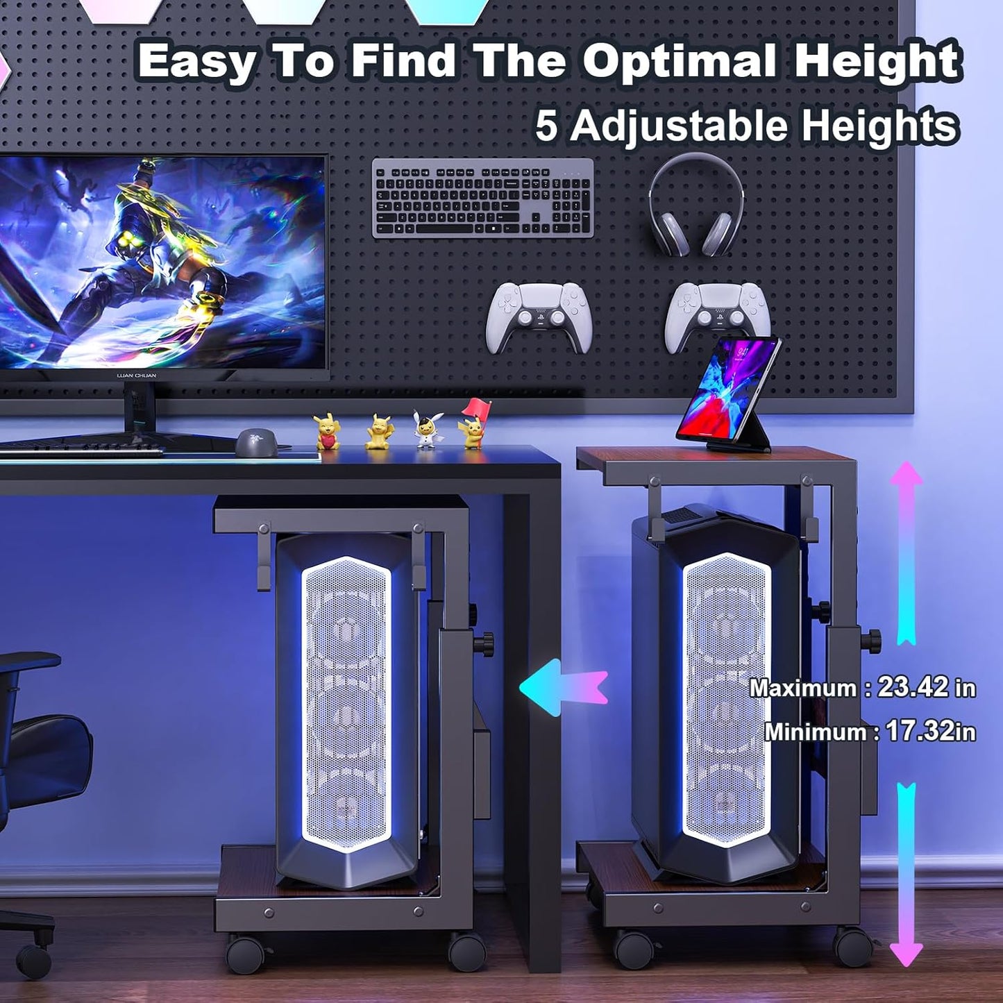 Computer Tower Stand with Charge Station and USB Charging Port - Height Adjustable PC Tower Stand, Under Desk CPU Holder Cart with Locking Caster Wheels for Fits Most PC