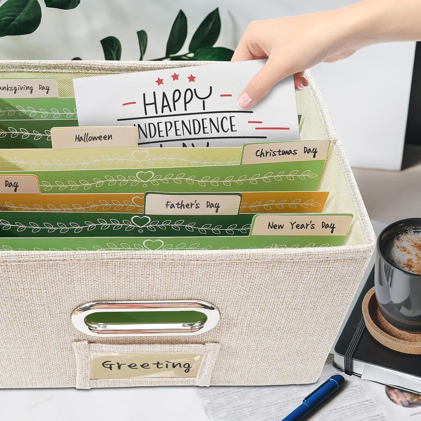 Vienrose Greeting Card Organizer 1 Pack, Storage Box with 20 Adjustable Dividers, Foldable Organizer Box Holds over 150 Cards, Storage Stickers Recipes Photos Envelopes Bills Vinyl Records, Beige