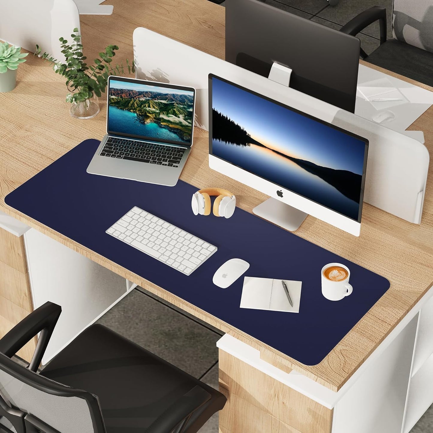 AFIING Leather Desk pad Protector, Large Non-Slip Office Desk Mat with Natural Cork & PU Leather, Waterproof Writing Mouse Pad for Office and Home (55in*17in,Blue)