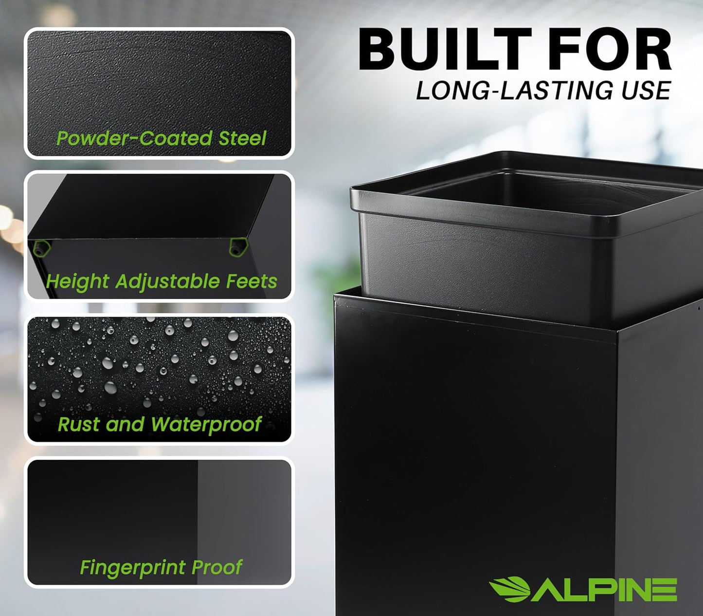 Alpine Commercial Indoor Recycle Bin - 29 Gallon Modern Looking Black Recycle Bin, Office Recycling Bins, Metal Trash and Recycling Container with Stickers & 3 Optional Lids (lid Sold Separately)