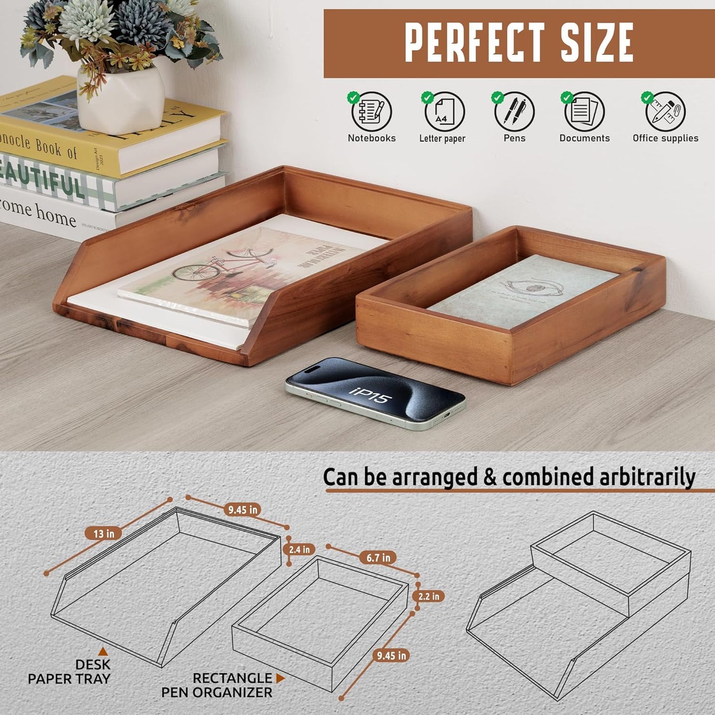 Demigo Desk Organizer Letter Tray Set of 2, Acacia Wood Tabletop Desktop for Storage Paper Letter Folders Notebooks Copy Print, Workspace Holder, Keep Stationery Saver (Brown)