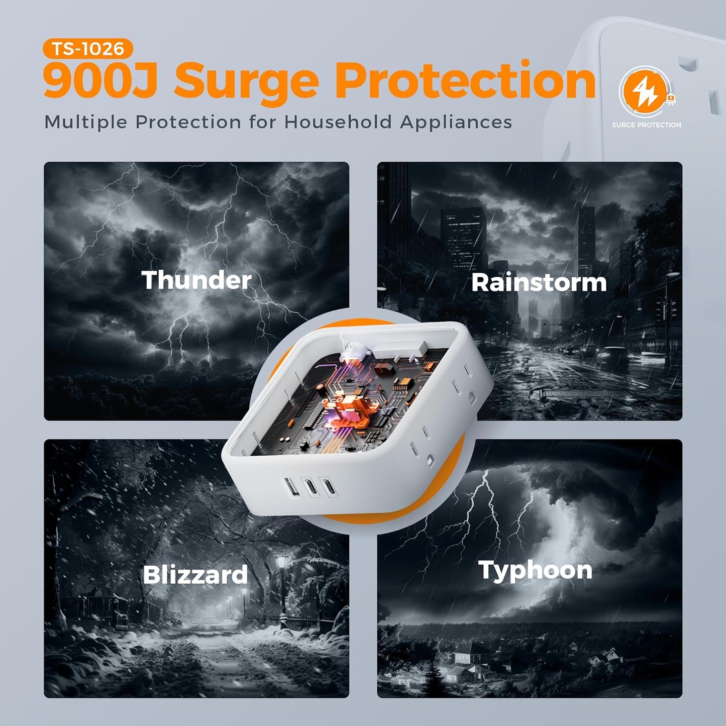 Surge Protector Power Strip, TESSAN Flat Plug Extension Cord with Multiple Outlets, 8 AC Outlets, 3 USB Ports(2 USB C), 5 Ft, 900 Joules Protection, 3-Sided Charging Station for Home Office Dorm Room