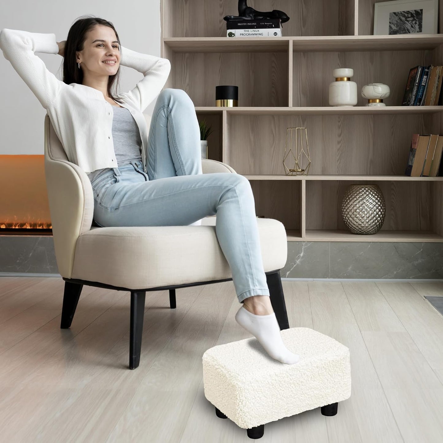 CAROLMADE Small Foot Stool Ottoman Footstool with Legs Under Desk Footrest for Living Room Bedroom and Office, Soft Ivory White