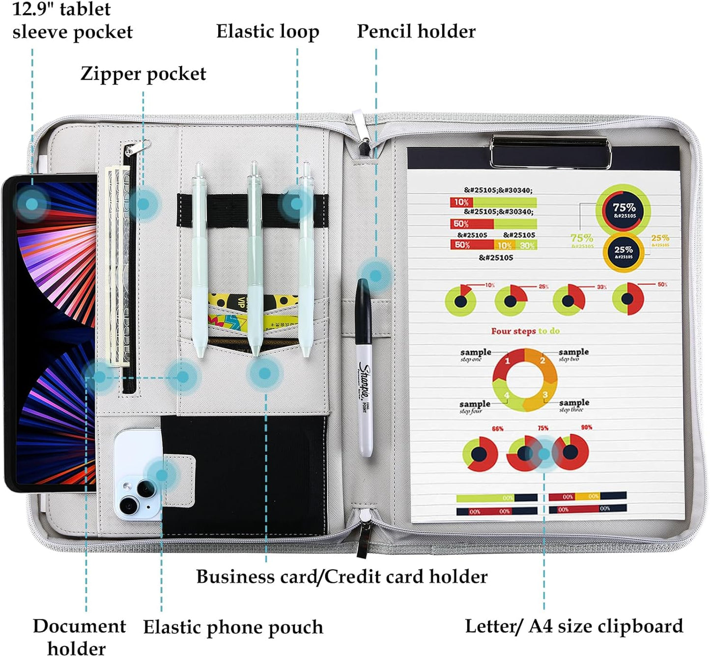 ProCase Portfolio Business Padfolio Folder with Zipper, Conference Meeting Executive File Legal Document Organizer with Pockets Letter Size A4 Writing Pad Notepad Padfolio -Grey
