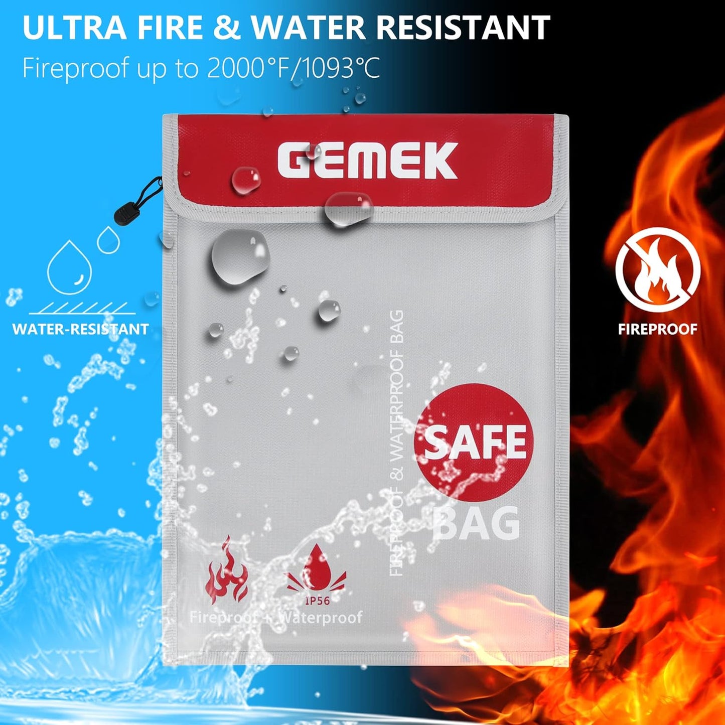 Fireproof Waterproof Money Document Bag 2 Pack, GEMEK Safe Zipper Bags, Fire & Water Resistant Storage Organizer Pouch for A4 A5 Documents Holder,File,Cash,Jewelry,Passport,Tablet,Laptop (Silver)