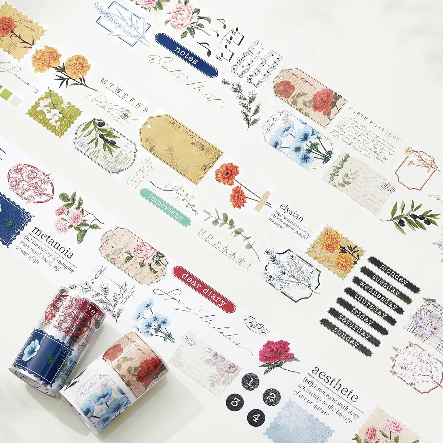 WT Season's Symphony Wide Washi Tape, Single Roll, Original Designs, Vintage Floral Watercolor Tape, Decorative Adhesive Paper Tape for Journals, Scrapbooks, Bujo Planner, DIY Crafts