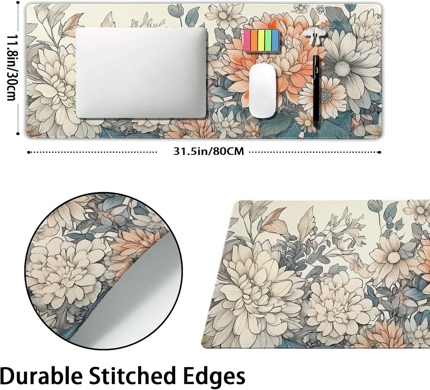 Japanese Aesthetic Floral Gaming Mouse Pad XL Vintage Orange White Flowers Extended Large Mat Mousepad Desk Pad Non-Slip Rubber Base Stitched Edge Long Keyboard Pad for Computer,31.5×11.8 Inch