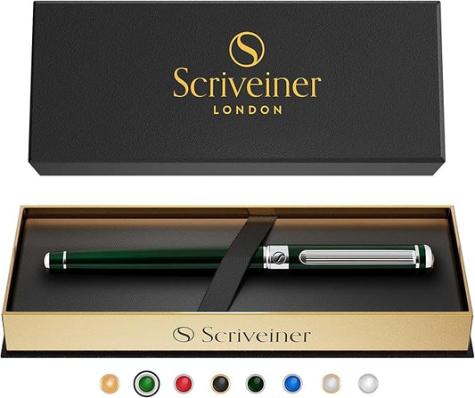 Scriveiner British Racing Green Rollerball - Stunning Luxury Pen With Chrome Finish, Schmidt Ink Refill, Best Roller Ball Pen Gift Set for Men & Women, Professional, Executive Office, Nice Pens