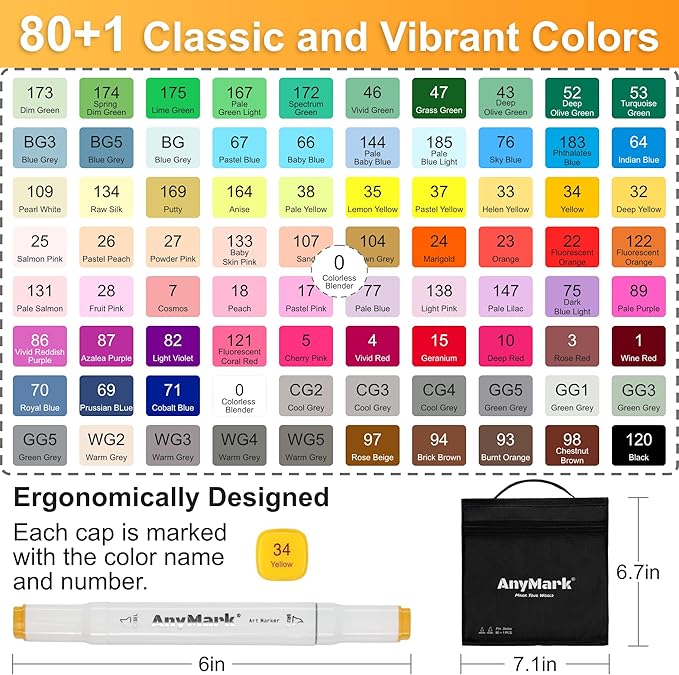 AnyMark Alcohol Markers Brush Tip, 60+1 Colors Dual Tip Brush & Chisel Alcohol-Based Art Markers Set with Case for Adult Artists Drawing Coloring