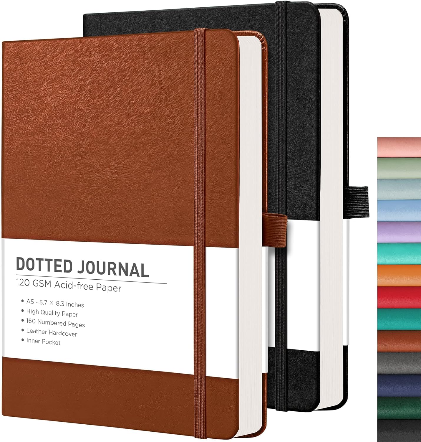 RETTACY Bullet Dotted Journal Notebook, 2-Pack, 160 Numbered Pages per Pack, A5 Medium Size (5.7'' x 8.3''), 120 GSM Thick Paper, Leather Hardcover, for Bullet Journaling (Black & Brown)