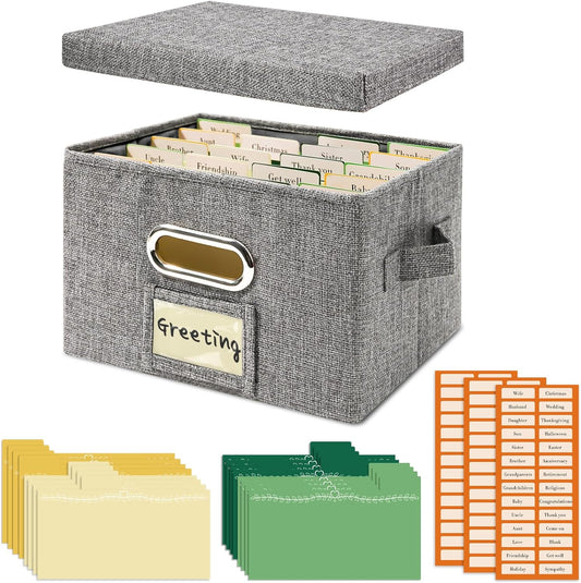 Vienrose Greeting Card Organizer 1 Pack, Storage Box with 20 Adjustable Dividers, Foldable Organizer Box Holds over 150 Cards, Storage Stickers Recipes Photos Envelopes Bills Vinyl Records, Grey