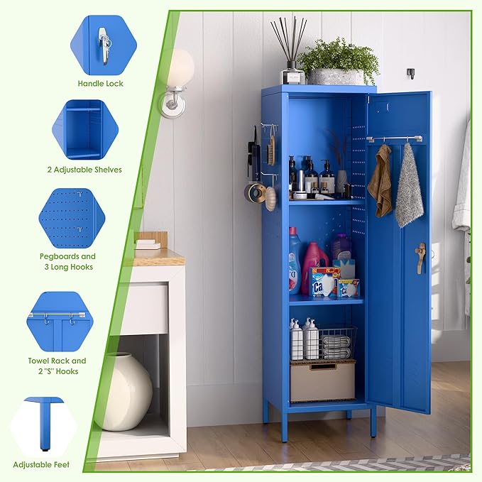 Aobabo Metal 54" H Metal Storage Locker for Employees, Lockable 1 Door with Towel Rack and 2 Side Pegboards with Hooks for School Office Gym Home, Assembly Required (Blue)