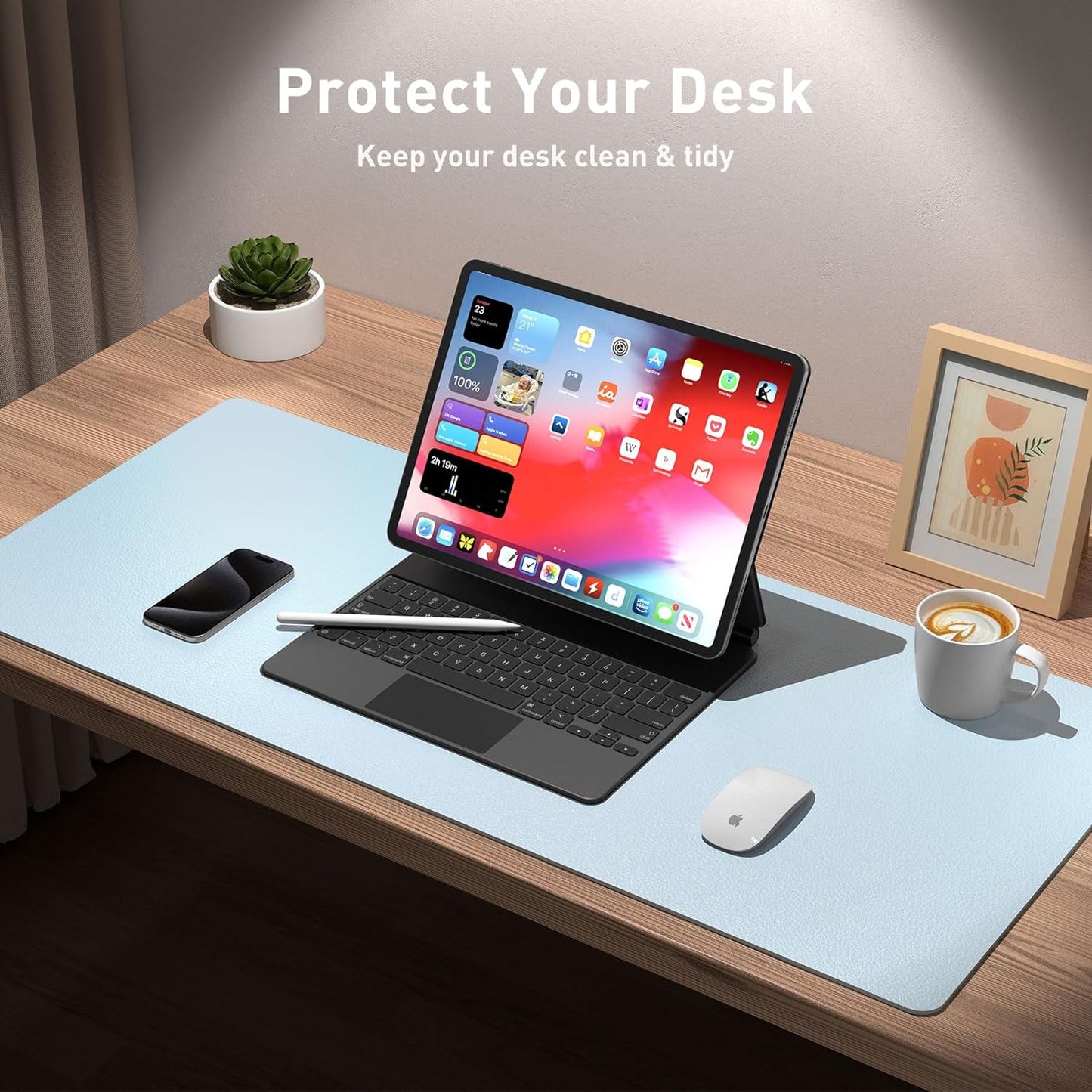 Aothia Leather Desk Pad Protector, Mouse Pad, Office Desk Mat, Non-Slip PU Leather Desk Blotter, Laptop Desk Pad, Waterproof Desk Writing Pad for Office and Home (31.5" x 15.7",Baby Blue)