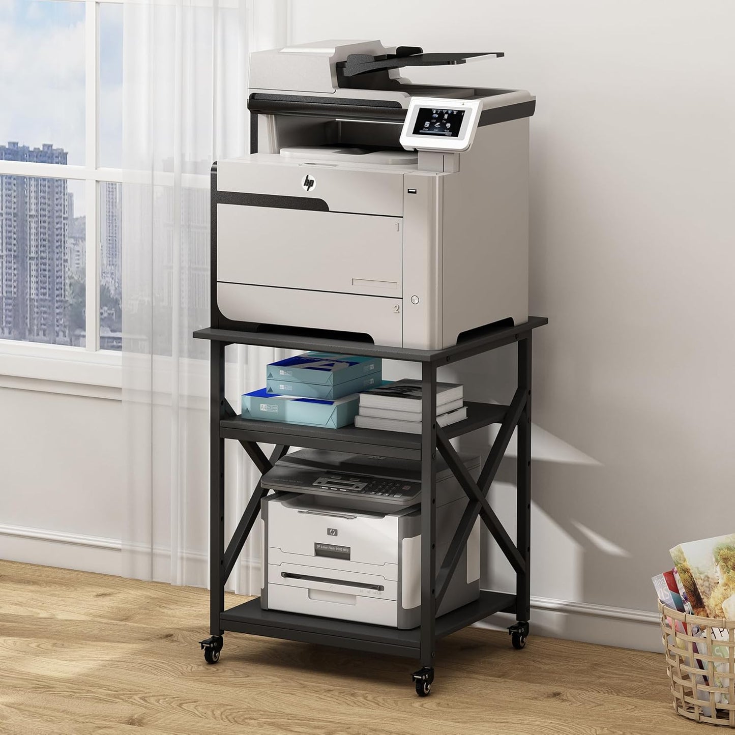 Printer Stand, 23.6 x 23.6 x 30.1 Inches Large Square Printer Table with Height Adjustable Storage Shelf, 3 Tier Rolling Printer Cart with Industrial Wheels for Home Office - Black