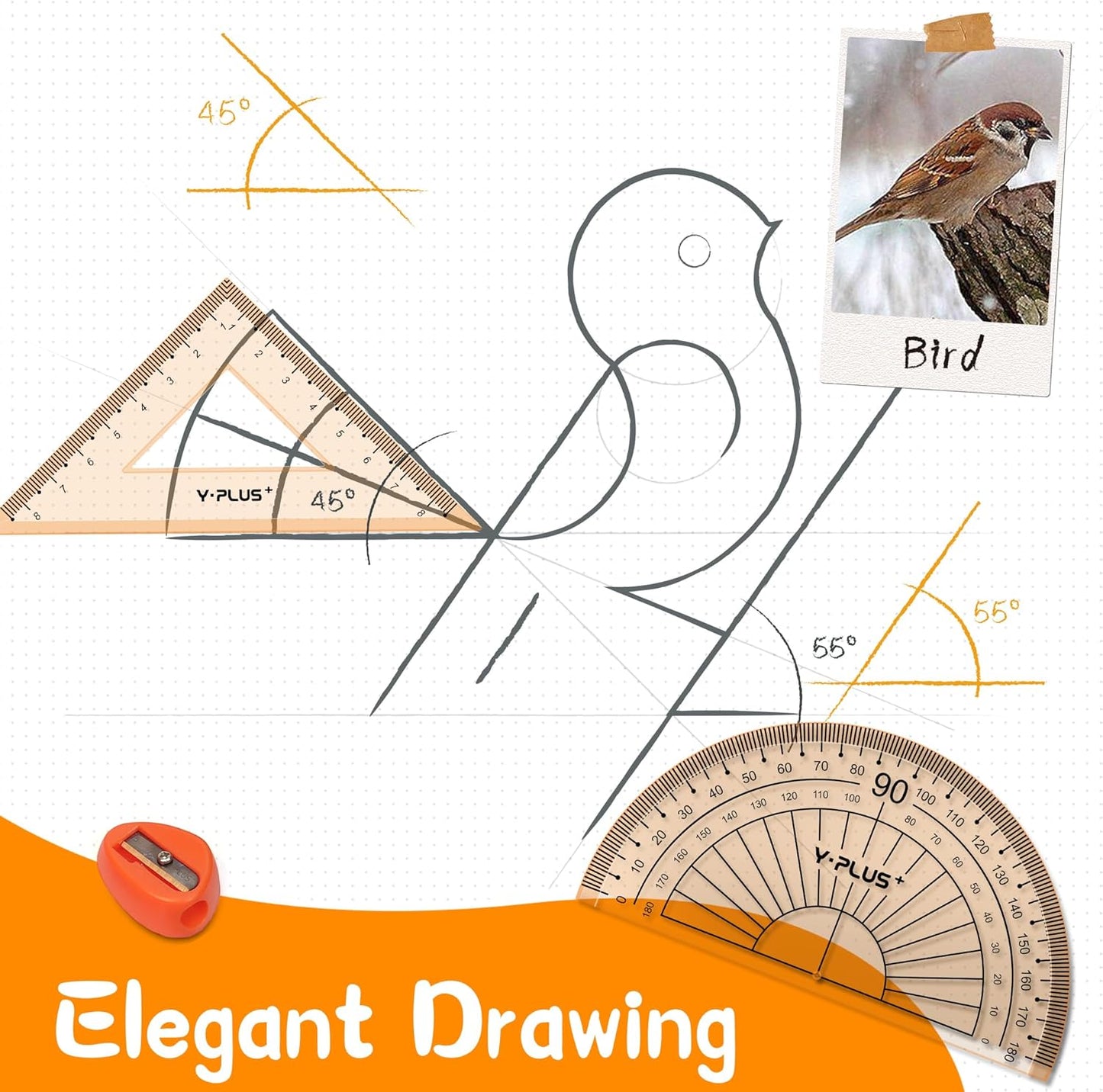 YPLUS Geometry Set for Students, Math Protractor Compass, Box of Protactors Kit for Class Supplies and School Kids Toddler - 11 Pcs