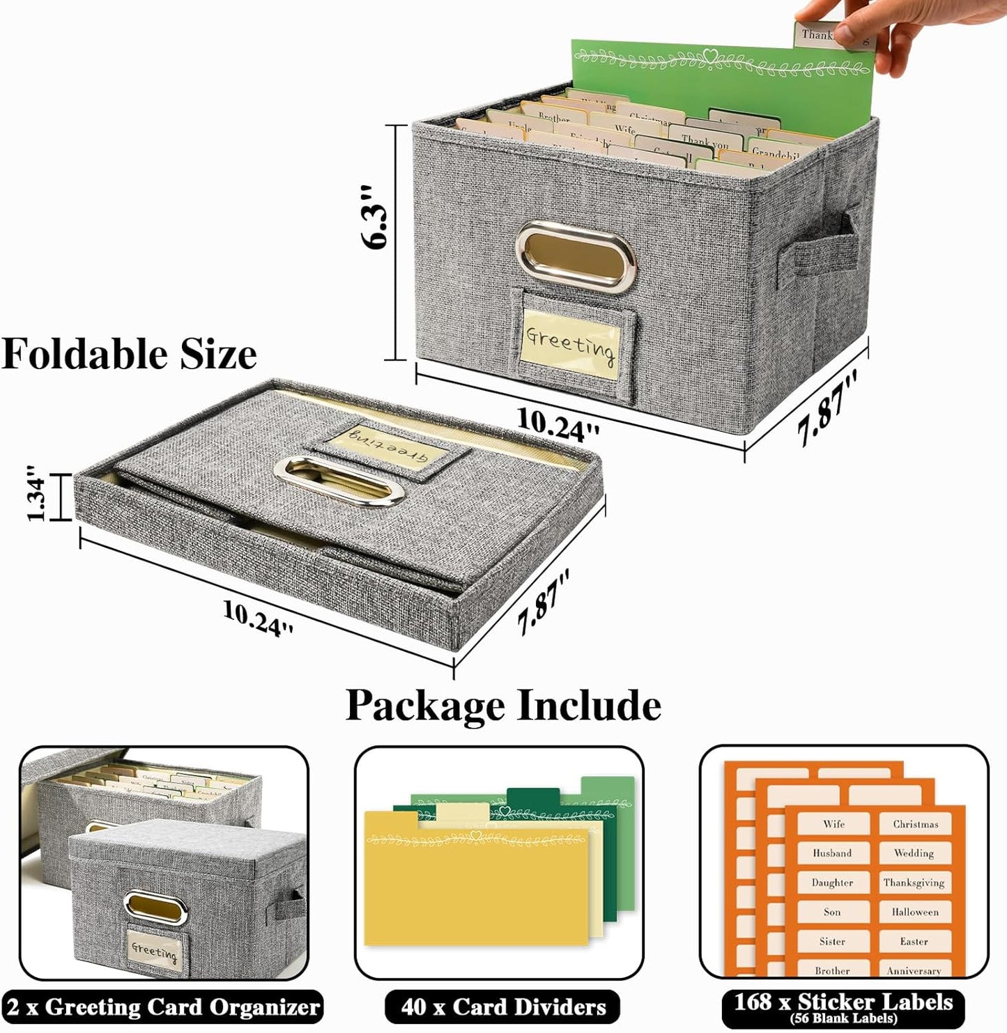 Vienrose Greeting Card Organizer 2 Pack, Storage Box with 20 Adjustable Dividers, Foldable Organizer Box Holds over 150 Cards, Storage Stickers Recipes Photos Envelopes Bills Vinyl Records, Grey