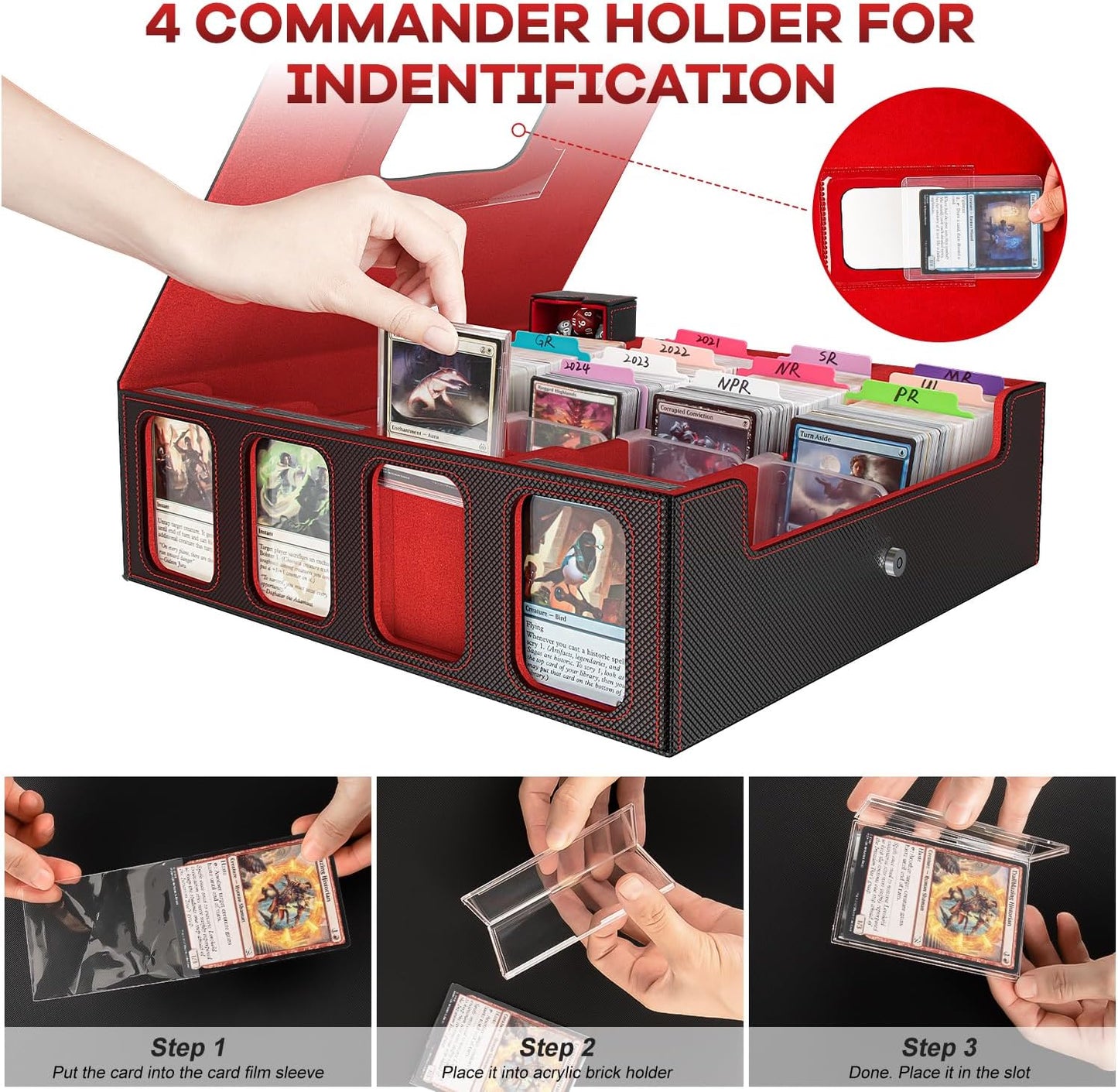 Card Storage Box 3200+ MTG Deck Box with 30 Colorful Divider, 4 Row Commander Trading Card Cases with Portable Handle & Display Windows, Fits for MTG/TCG/Magic Cards, Patented Design