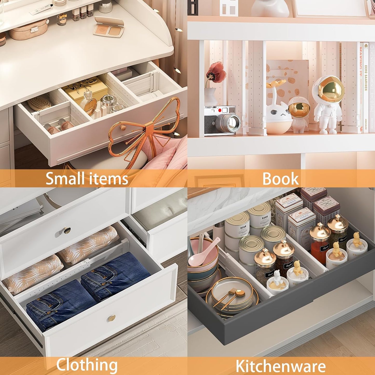 REBECAT 12 Pack Drawer Dividers for Clothes Adjustable 4" High Expandable from 15"-21" Drawer Dividers for Dresser Baby Clothes Bathroom,Bedroom Kitchen and Office Storage，White