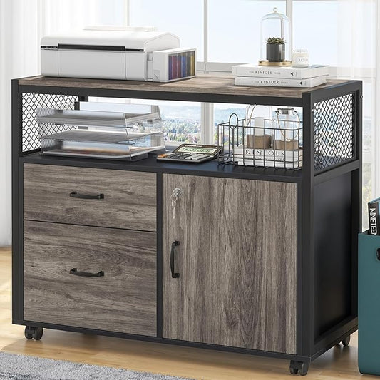 Tribesigns Modern File Cabinet with Drawers for Letter-Sized File and Door, Lockable lateral Filing Cabinet Printer Stand with Storage Shelves and with Rolling Caster for Home Office (Gray)