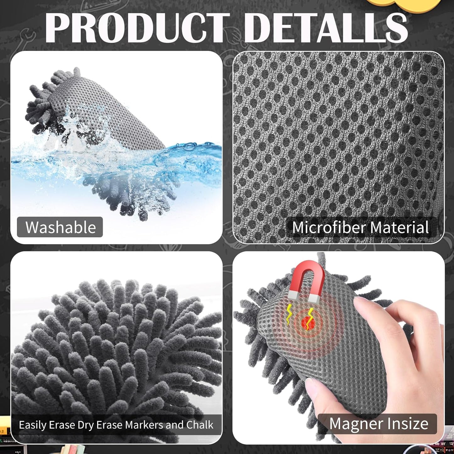 Sherr 36 Pcs Microfiber Shag Magnetic Erasers Bulk Washable Dry Erase Whiteboard Erasers for Whiteboard, Chalkboard, and Memo Boards Marker, Chalk Mark, Home School Classroom Office(Gray Color)