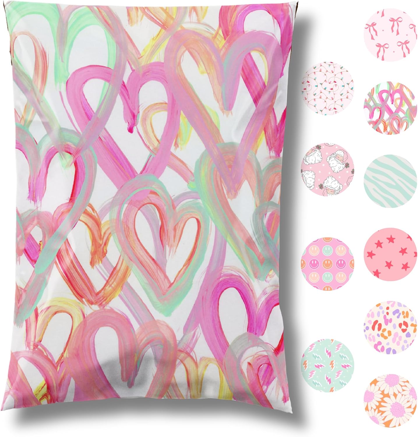 14.5x19 Designer Poly Mailer 100 Pack Heavy Duty Waterproof Self Seal Shipping Bags for Small Business Large Mailing Envelopes Bulk Tear Resistant Cute Packaging Happy Hearts