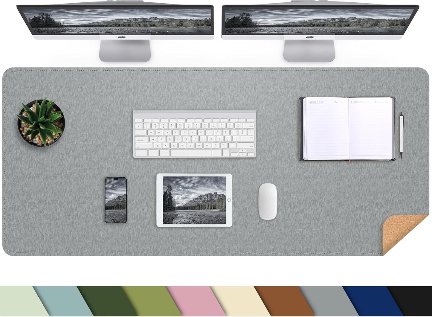 Leather Desk pad Protector,47" x 17" Large Desk mat with Natural Cork & PU Leather,Mouse pad,Non-Slip Office Desk Mat,Waterproof Desk Writing Pad for Office and Home (Light Gray)