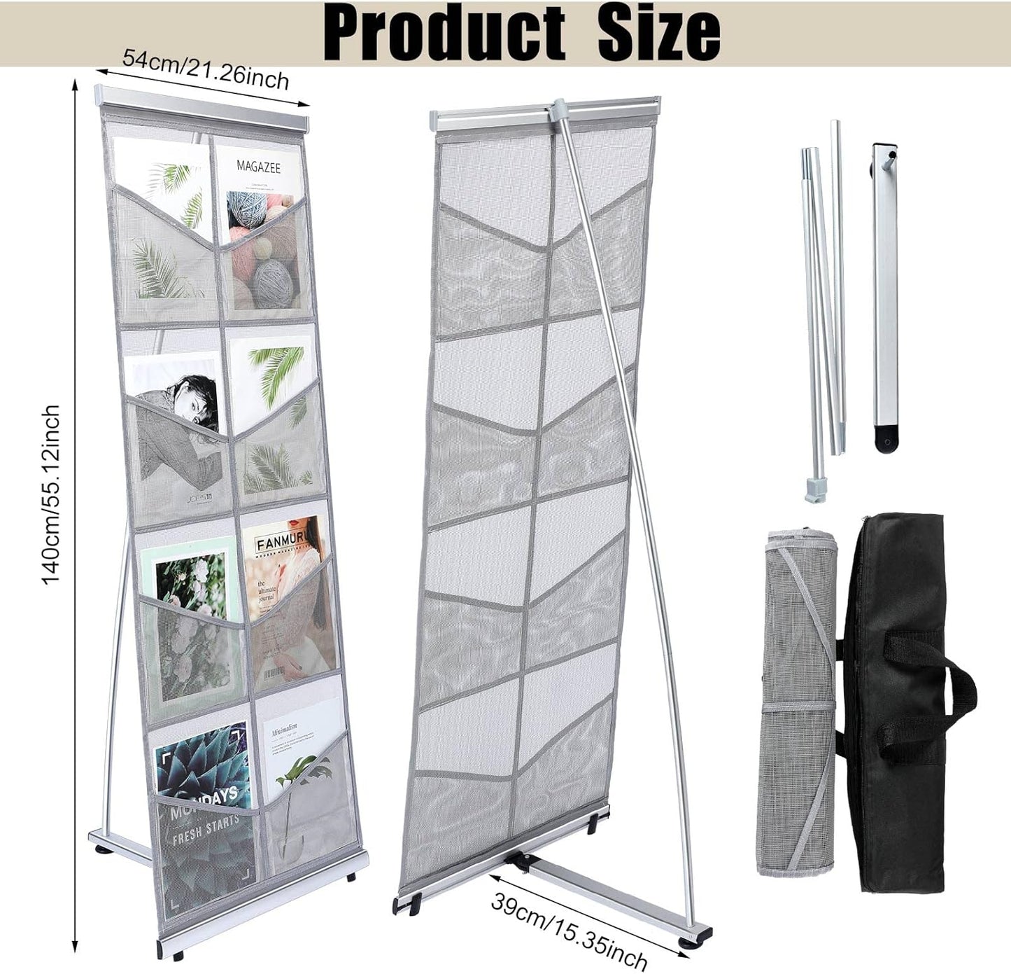 Outus Mesh Literature Brochure Holder with 8 Pocket Portable Magazine Display Roll Up Magazine Rack Lightweight Floor Standing Catalog Office Brochure Display Stand for Business Trade Shows