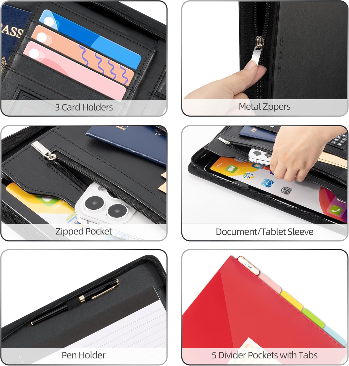 Ospelelf Zippered Padfolio Portfolio Folder, Leather Clipboard with Storage, 3 Ring Binder 1 Inch,12.1” Tablet Sleeve, 5 Dividers with Pocket, Refillable Notepad, Card Slot (Classic Black)
