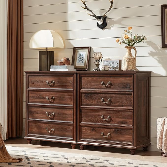 Farmhouse 4 Drawer Dresser Set of 2 for Bedroom, 37" Tall Rustic Chests of Drawers w/ 4 Solid Wood Feet, Mid Century Vintage Wooden Closet Storage Dressers Organizer for Living Room, Brown