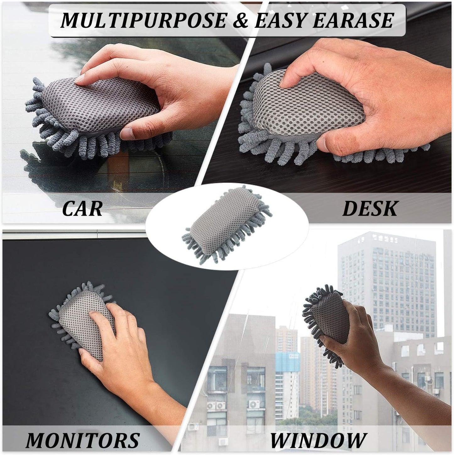 Zonon 4 Pieces Dry Erase Eraser Microfiber Shag Washable Whiteboard Eraser for Markers, Chalk, Classroom, Home and Office(Gray, Blue and Pink)