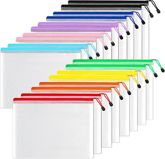 SUNEE Plastic Mesh Zipper Pouch 10x14 in (9 Colors, 18 Packs),Extra Large Water-Resistant Zip Bag for School Office Supplies, Puzzles & Games Organizing Storage