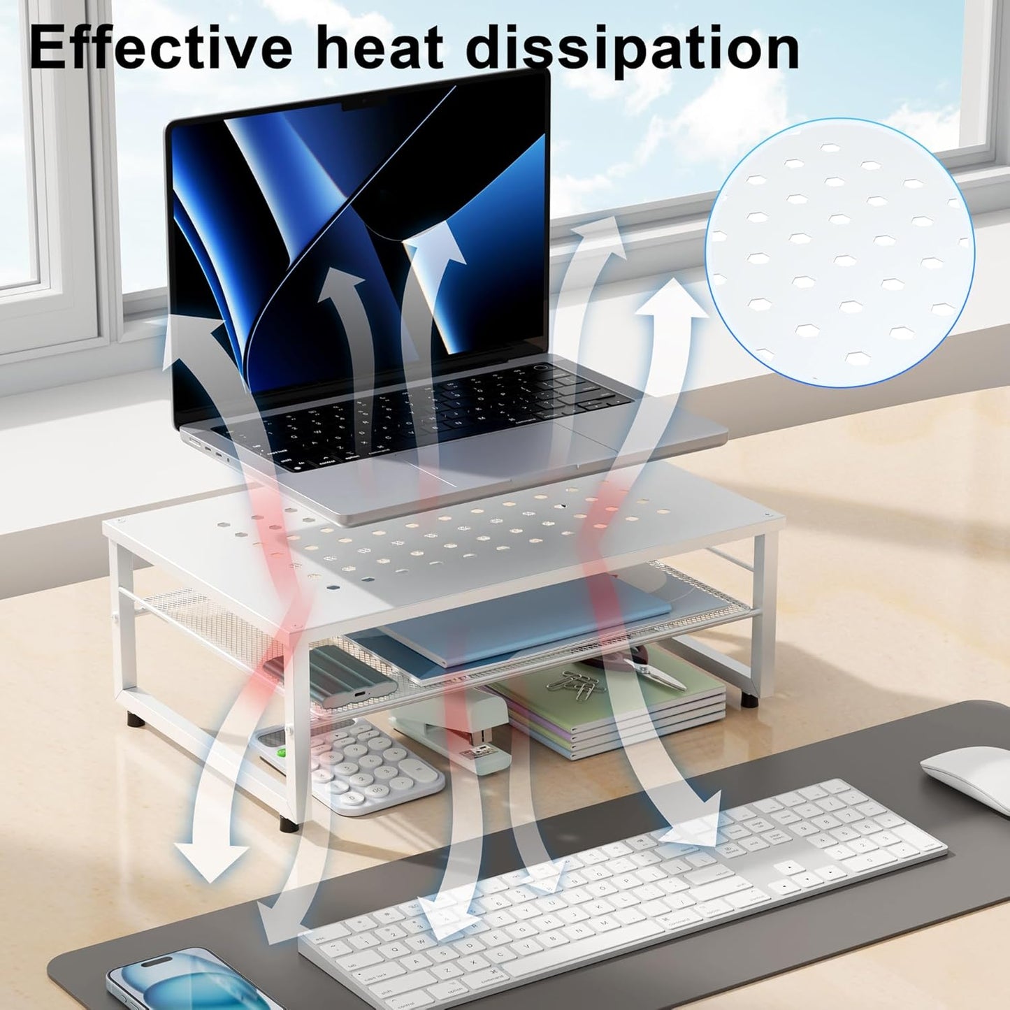 gianotter 2-Tier Metal Monitor Stand Riser, Desk Accessories & Workspace Desk Organizers, Office Desk Storage Organizer for Office Supplies (White)