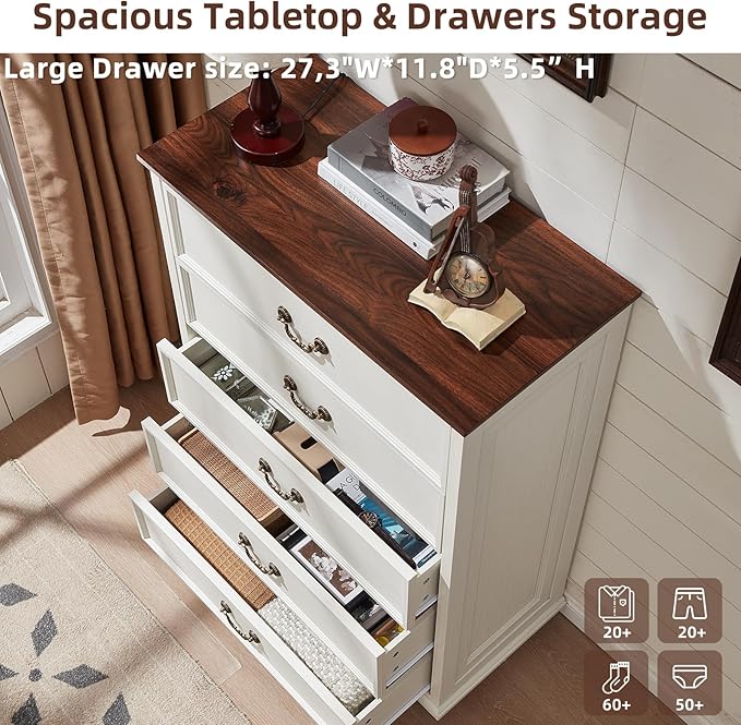 Farmhouse 5 Drawer Dresser for Bedroom, 45" Tall Rustic Chests of Drawers w/ 4 Solid Wood Feet, Mid Century Modern Wooden Closet Storage Dressers Organizer for Living Room, Hallway, White