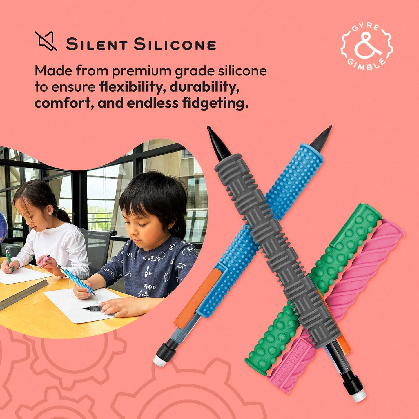 Gyre & Gimble Pencil Gidgets – Textured Silicone Pencil Sleeve for Quiet Fidgeting – Transform Your Mechanical Pencil into a Sensory ADHD Tool for Kids and Adults – 4 Sleeves & 2 Pencils
