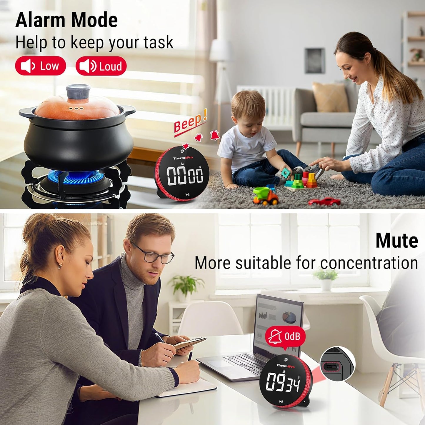 ThermoPro 99-Hour Digital Kitchen Timer with Strong Magnetic & Stable Stand, Classroom Timers with 3-Volume-Level, Stopwatch/Timer with Large LED Display, Digital Timers for Classroom, Office & Gym