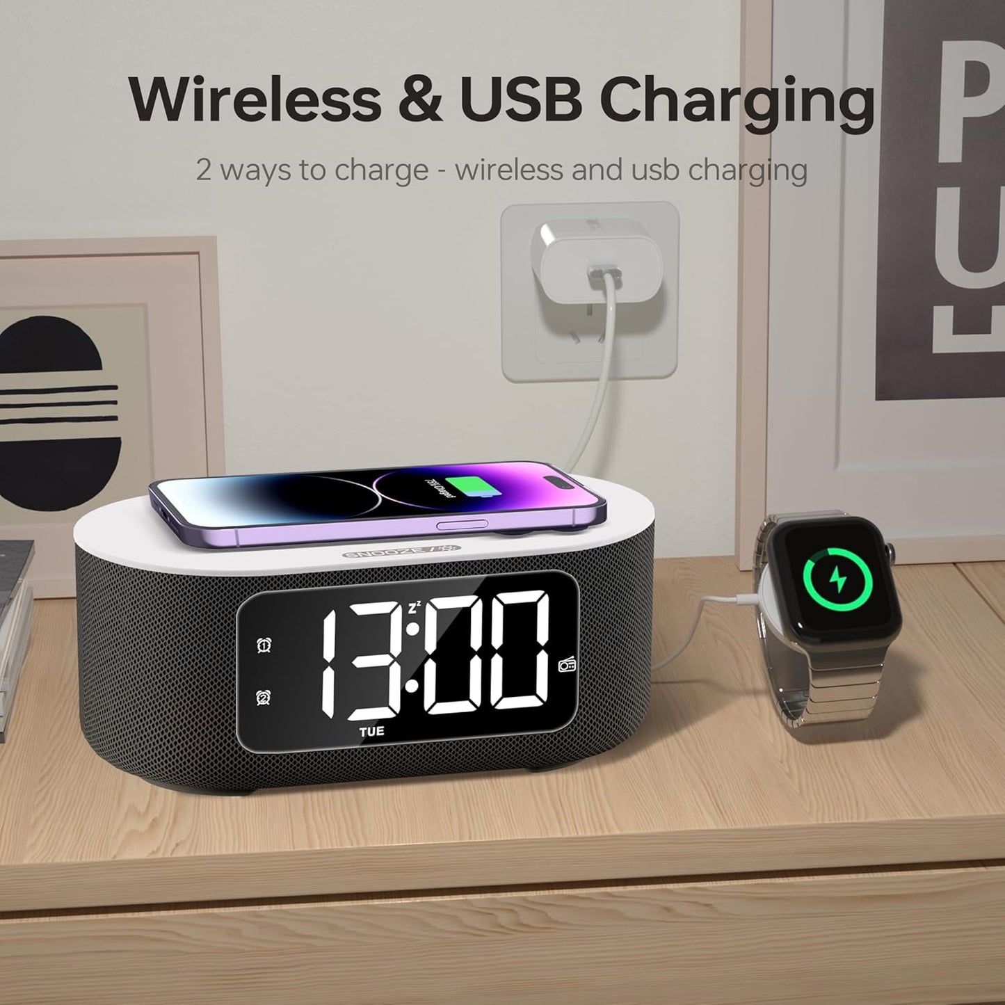 JALL Fabric Alarm Clock for Bedroom, with Big Led Screen Display, Bluetooth Stereo Sound Speaker, FM Radio, Fast Wireless Charging, USB Charging Port, Nightlight, White Noise, Ideal for Gift, Black