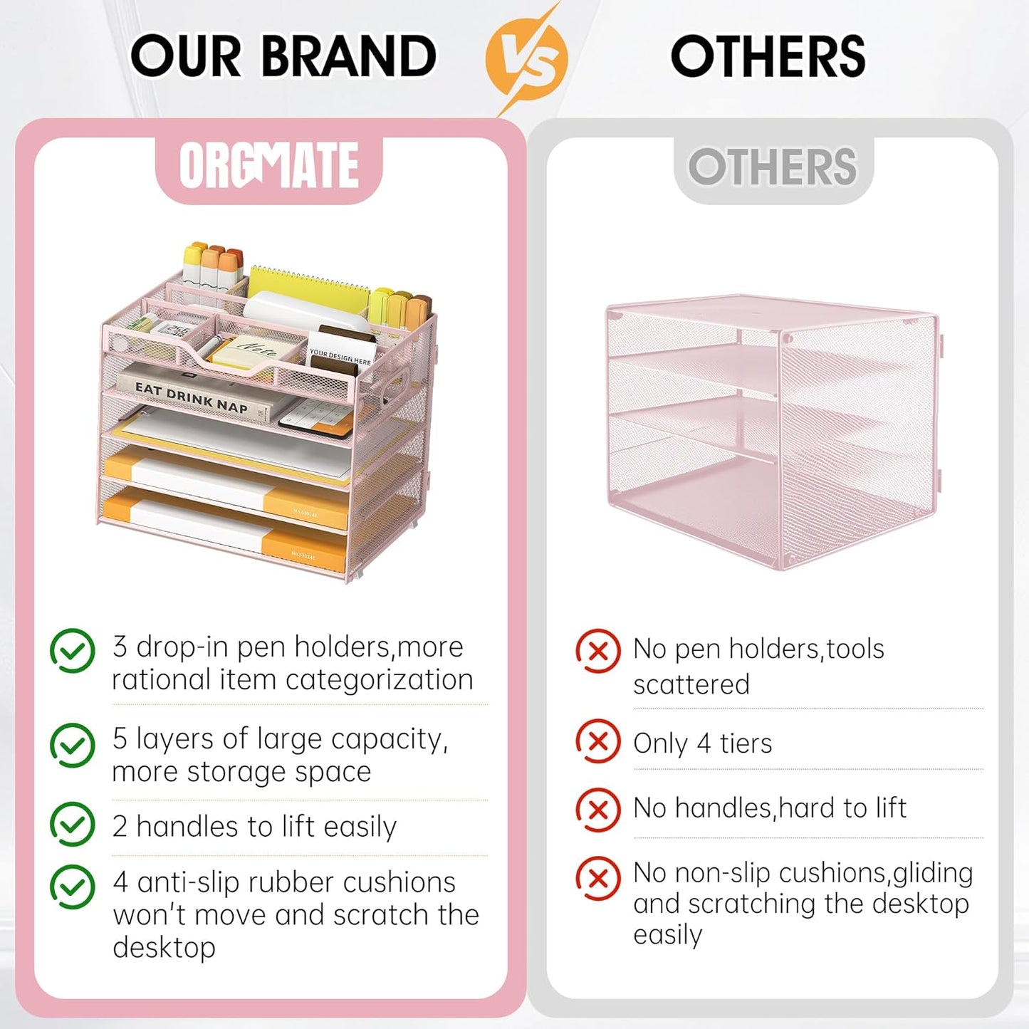 5 Tier Paper Letter Tray with 3 Drop-in Pen Holders, Mesh Desk File Organizer with Handle, Desk Organizers and Accessories for School,Home, Office Supplies Storage-Pink