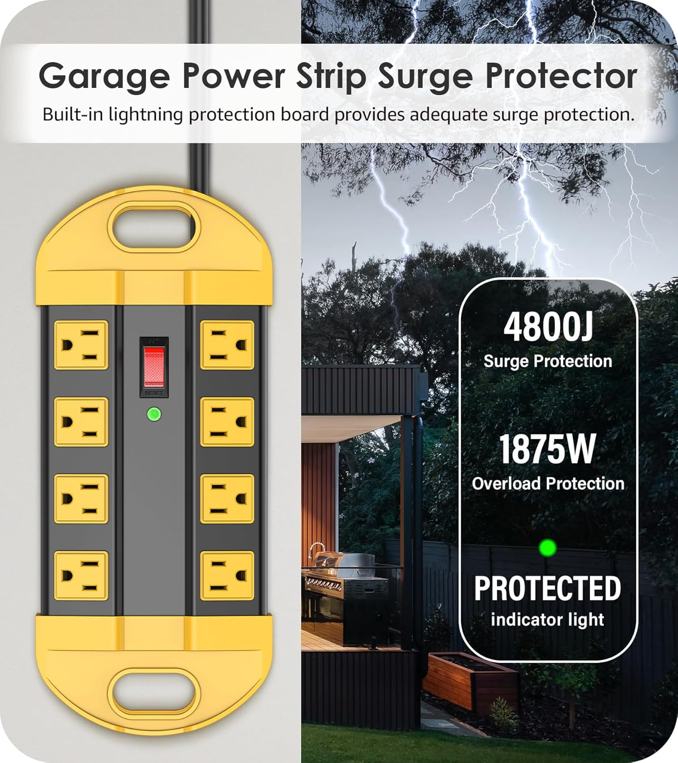 CCCEI Heavy Duty Power Strip Surge Protector, Metal 8 Outlets Power Strip for Appliance. Garage Shop Industrial Workbench 15 AMP Outlets Strip. 10FT Extension Cord, Yellow