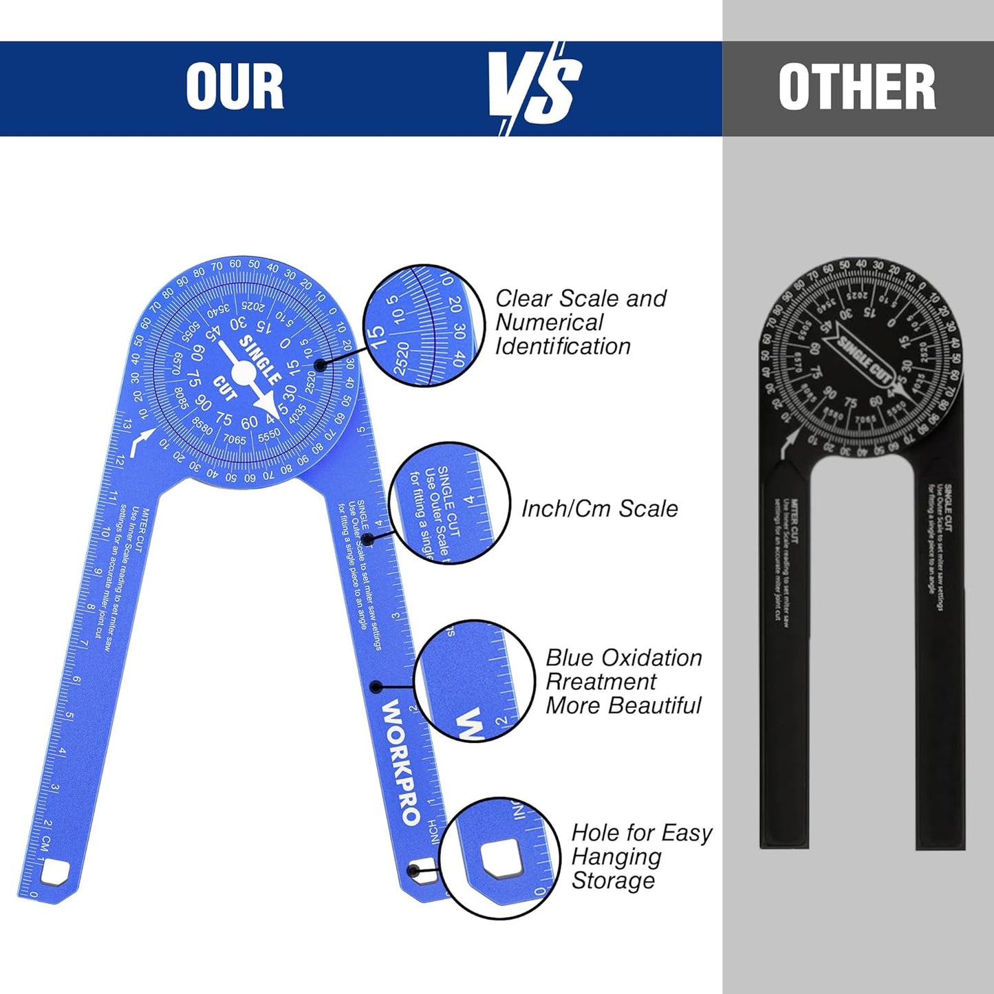 WORKPRO Aluminum Miter Saw Protractor, 7.3 Inch Angle Finder Featuring Precision Laser Engraved Scales for Inside and Outside Corner, Carpenters, Plumbers and All Building Trades, 360° Rotation, Blue
