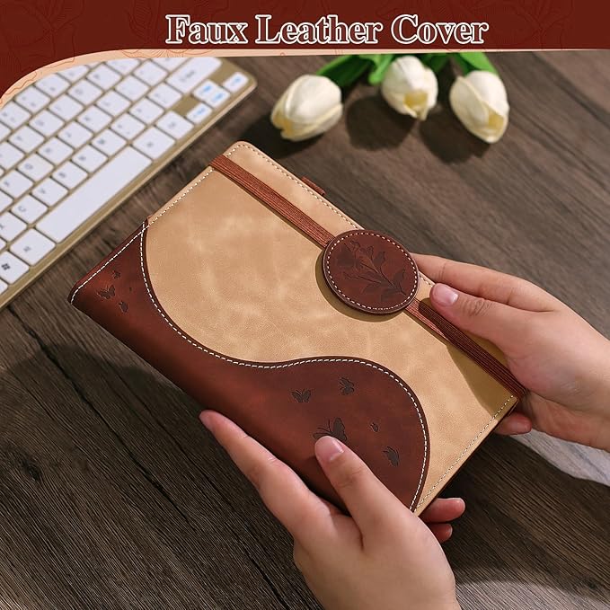 Lined Journal Notebook, A5 Hardcover Leather Journal for Men Women, 200 Pages 100 GSM Thick Paper, Journaling Notebooks for Work School Travel Note Taking, Beige & Brown