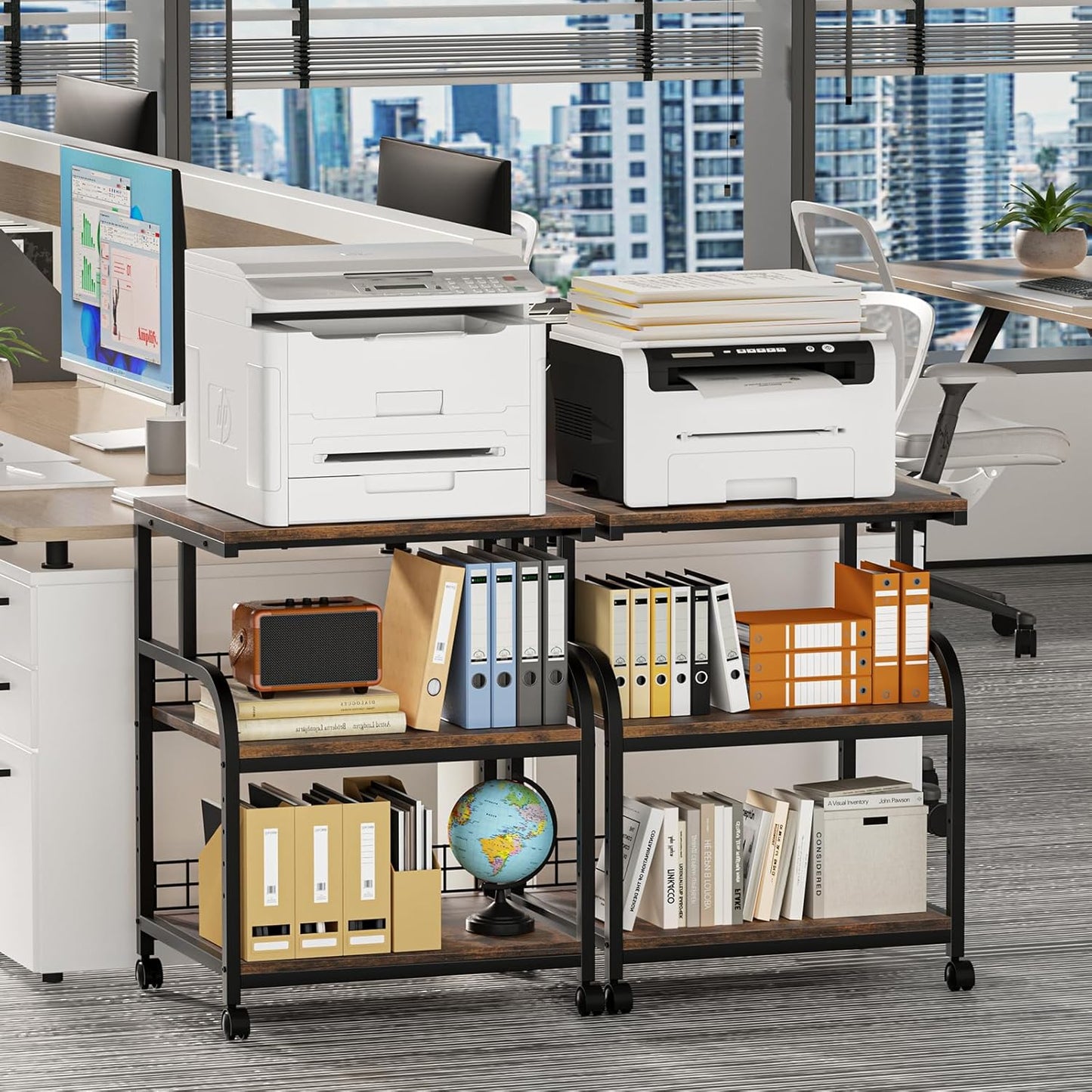 Lerliuo Large Printer Stand with Storage, 23.6"W x 18.9"D x 30.2"H, 5-Adjustable Shelf Heights Mobile 3 Tier Table with Lockable Wheels, Industrial Rolling Printer Cart, Brown Stands for Home Office