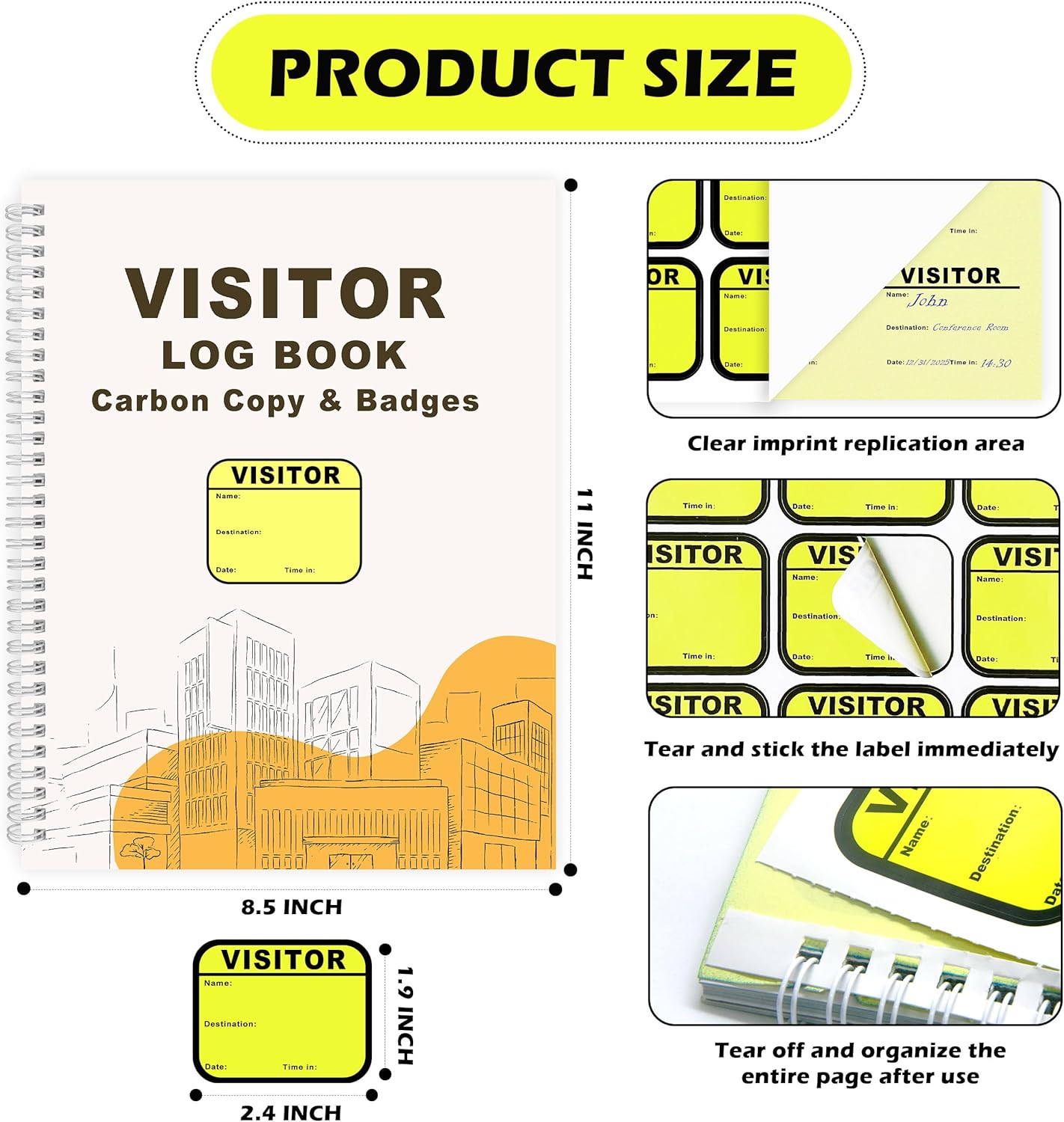 1 Pack of 225 Visitor Badges Registry Log with Carbon Copy Visitor Stickers Letter Size Visitor Log Book Extras Protecting Privacy Pages Spiral-Bound Self Visitor Badges Guest Register Book (1)