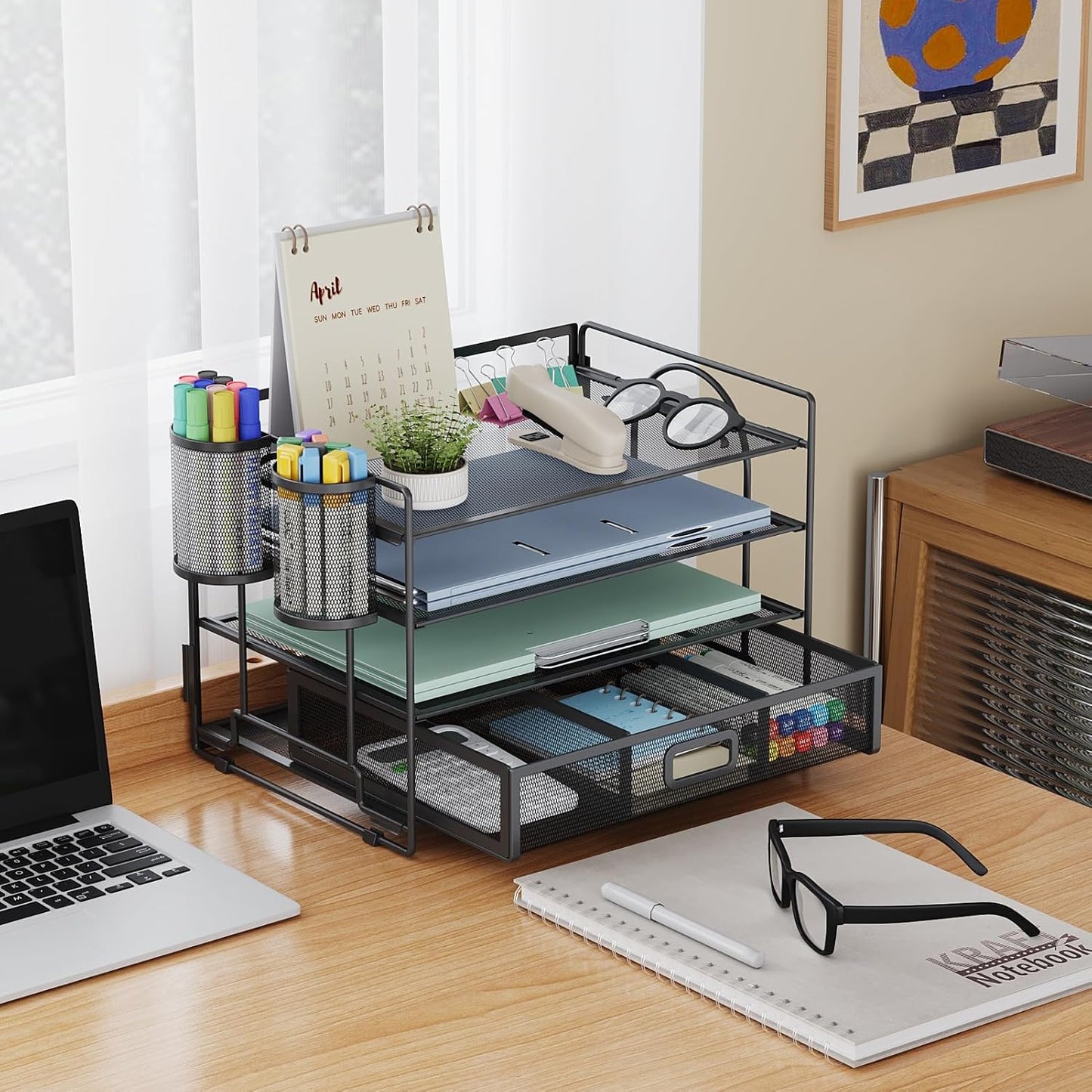 Marbrasse Desk Organizer and Accessories4-Tier Paper File Letter Tray Accessories & Workspace Desk Organizers with Drawer and 2 Pen Holders for School Home Office Supplies (Black)