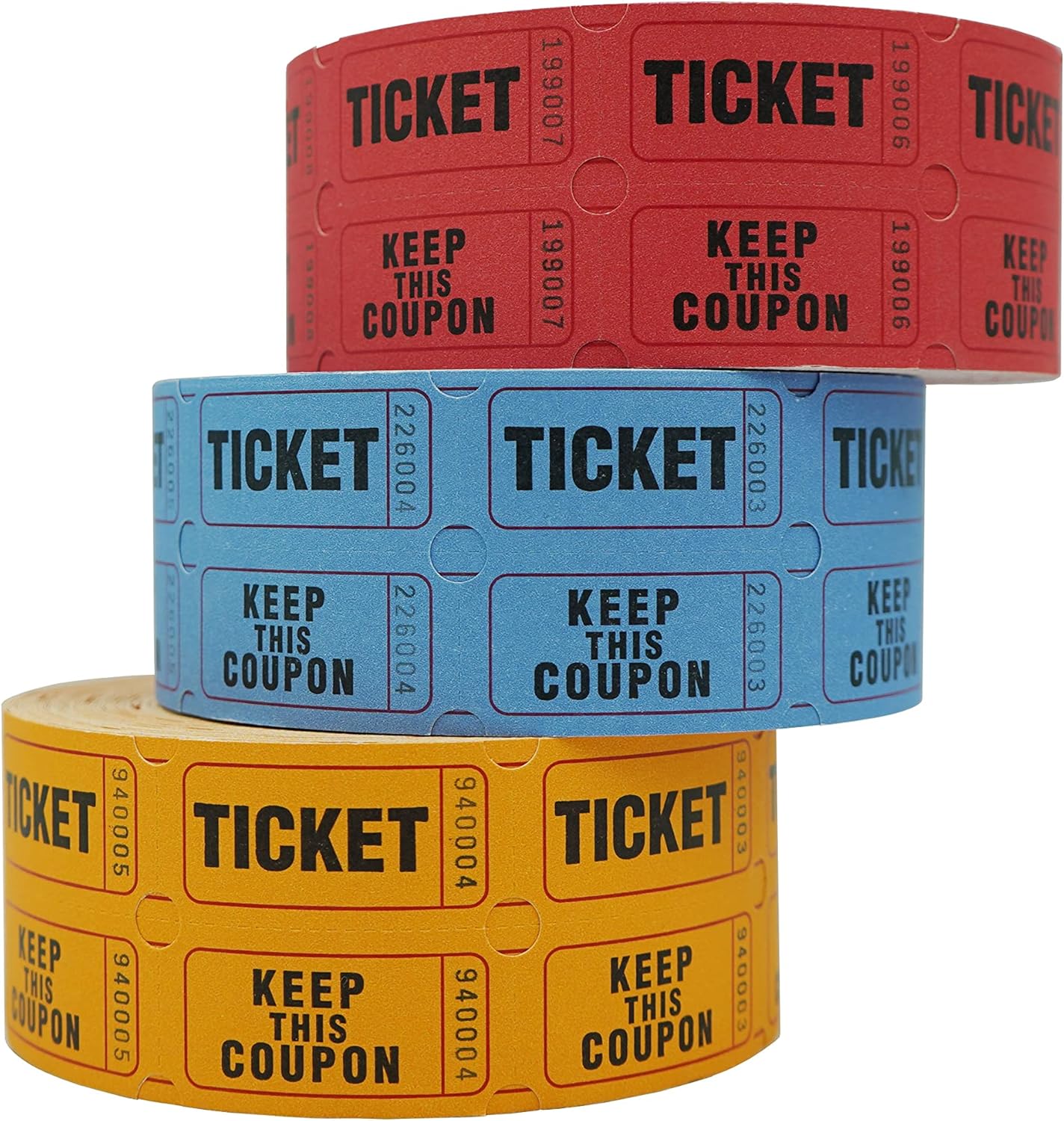 DNB 3000 Pairs Raffle Tickets - 3 Color Set of 1000 2 x 2 Inch 50/50 Double Roll Raffle Tickets - Red/Blue/Orange