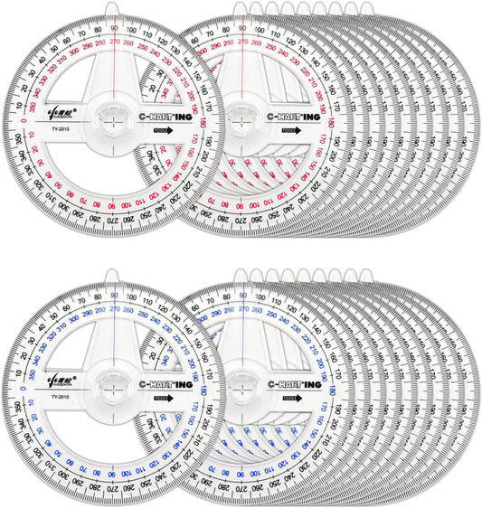 360° Protractor Set (20-Pack) – Clear Plastic Math Protractors for Geometry, Drafting & Angle Measurement – 4-Inch Swing Arm Protractor Ruler for Students, Engineers & Artists
