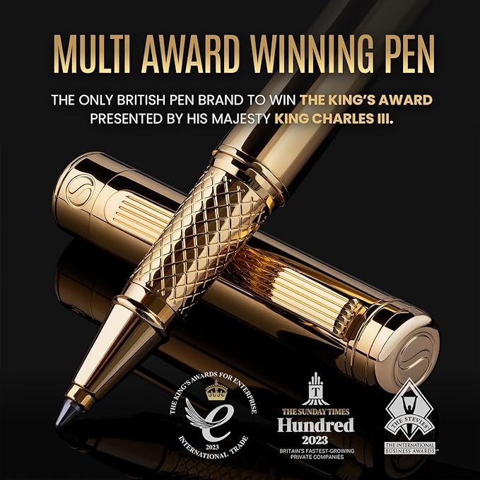 Scriveiner Personalized Gold Rollerball Pen - Stunning Luxury Pen, Real Gold Plating, Schmidt Ink Refill, Best Engraved Roller Ball Gift Set for Men & Women, Custom Name Engraving
