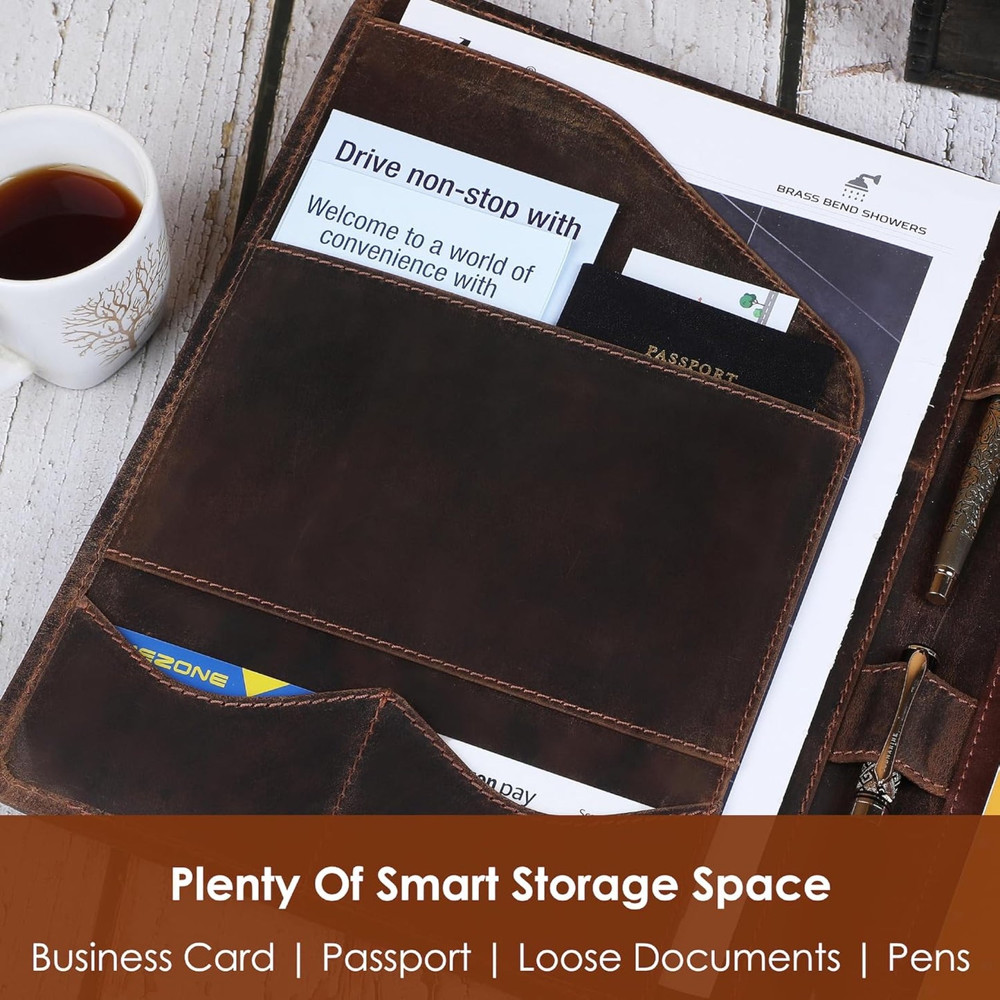 Leather Portfolio Organizer Professional Leather Padfolio for Men and Women A4 Document Folder Resume Holder Legal Pads 8.5 x 11 Padfolio Executive Writing Pad and Document Organizer Brown